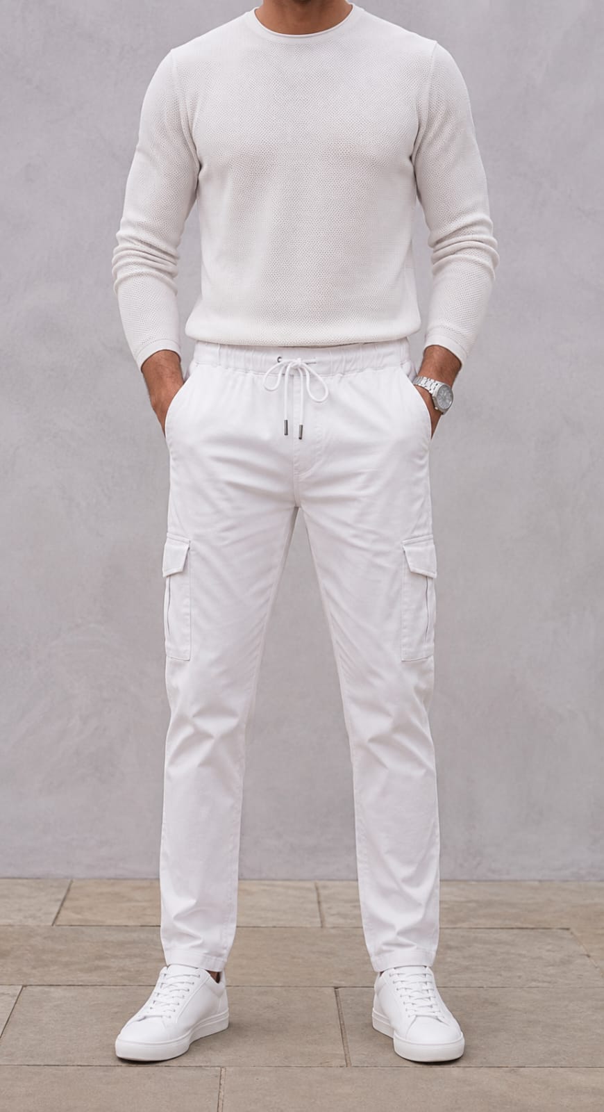 6-Pocket Relaxed Fit Cargo-Cream White