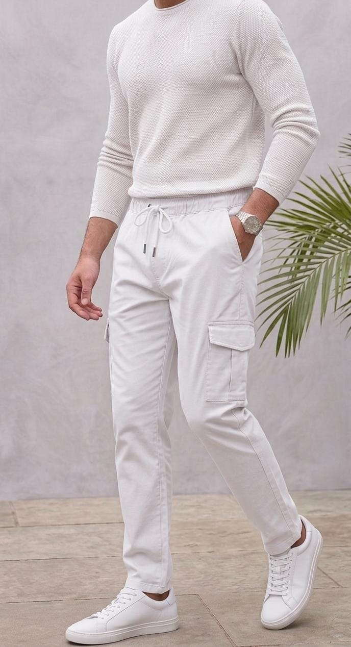 6-Pocket Relaxed Fit Cargo-Cream White